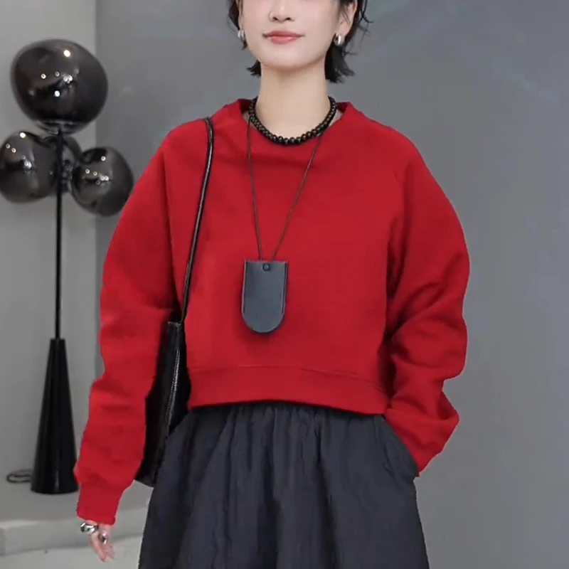 简约休闲风新年红氛围感前短后长卫衣春秋爆款显瘦减龄百搭短上衣