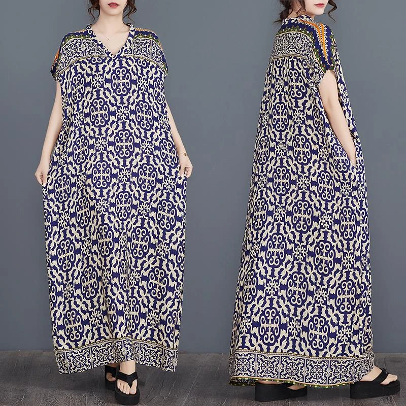 潮流夏季新款复古女绸印花波西米亚长袍连衣裙V领长袍V领蝙蝠袖子