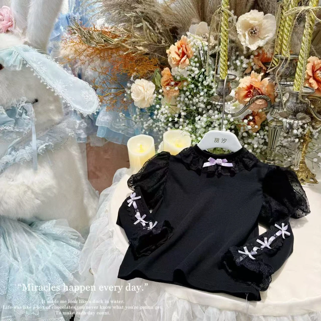 【香榭日记】甜汐·25秋~女童重工蕾丝蝴蝶结打底衫86253（汉服）黑色