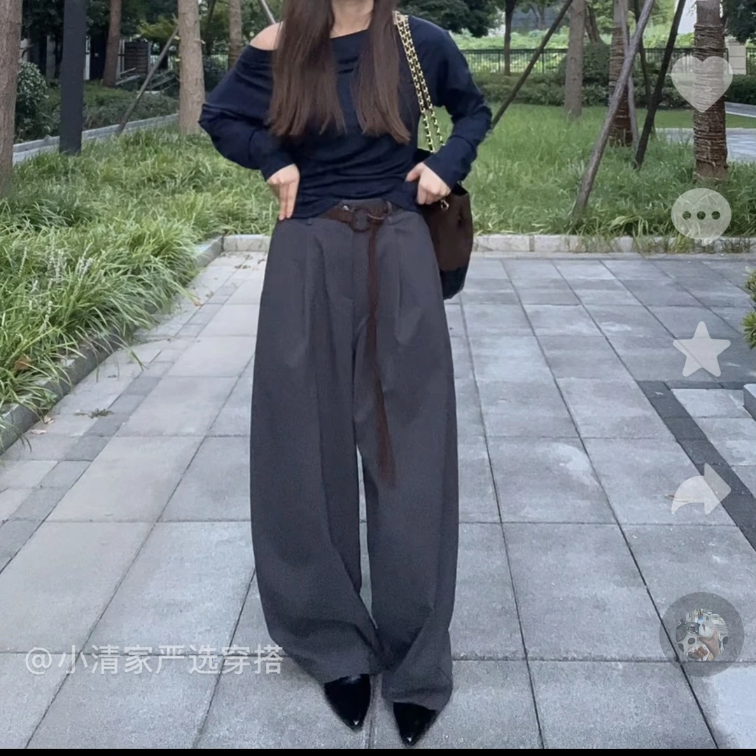(小清家)韩系休闲简约宽松显瘦阔腿直筒裤配腰带