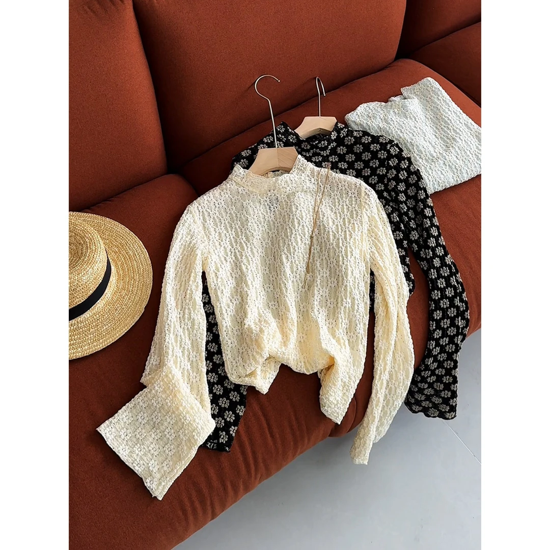 2024春秋新款小衫蕾丝衫打底衫女装洋气微喇长袖内搭上衣
