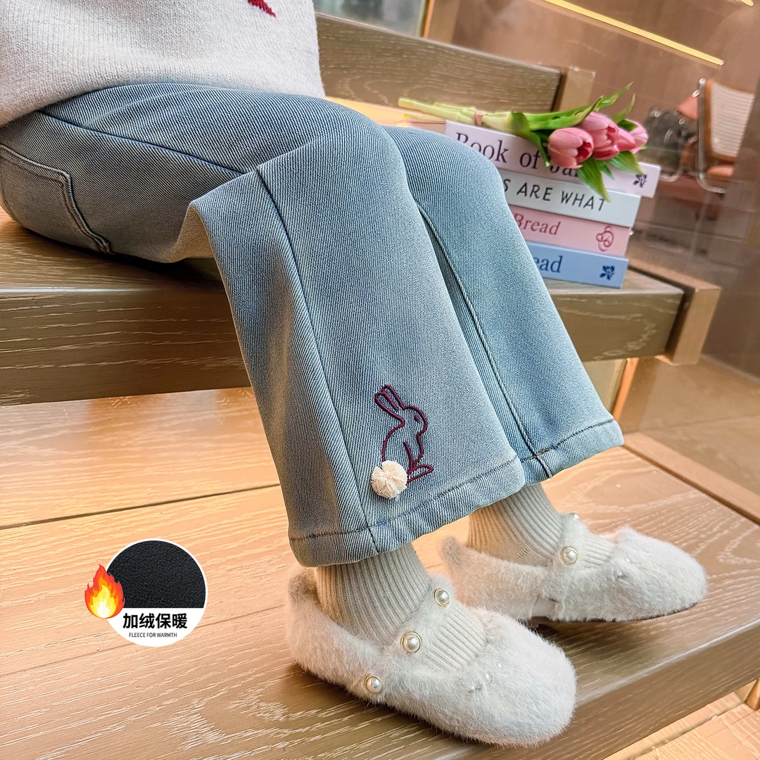 女童加绒牛仔裤洋气儿童秋冬装一体绒喇叭裤宝宝冬季加厚休闲长裤