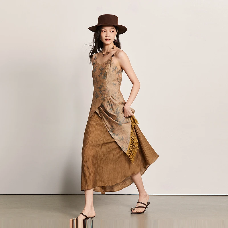 爱客新款中国风吊带连衣裙复古拼接流苏收腰长裙YA24329L003
