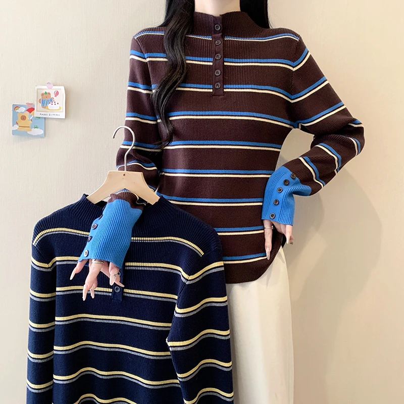 条纹撞色半高领长袖毛针织衫冬季保暖显瘦大码女装毛衣针织衫3839