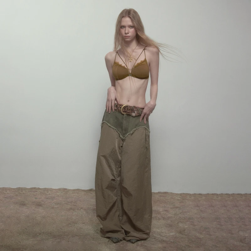 wooha 吾哈2025春新款时尚拼接牛仔宽松时尚休闲裤女