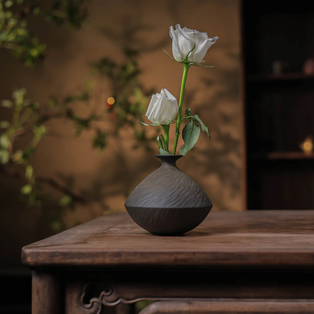 玄金釉-灰念-斜纹花瓶·圆15.5*15cm（灰念0585）茶配件