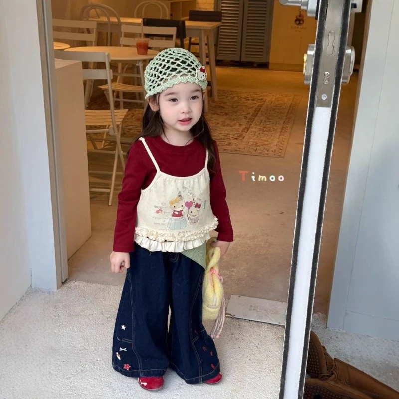 女童春秋款套装2025新款儿童洋气吊带长袖小女孩秋装阔腿裤三件套