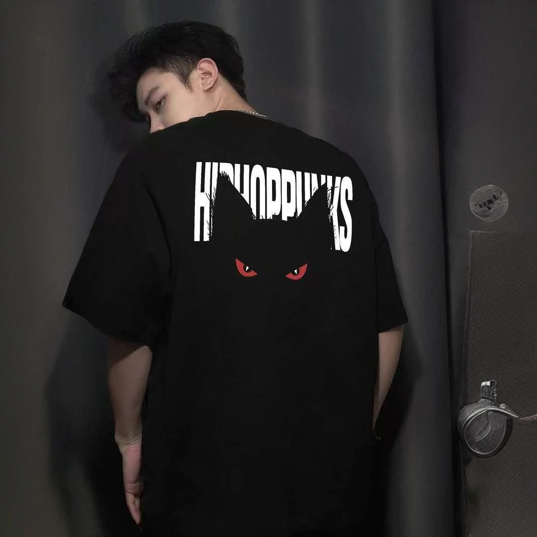 国潮牌美式恶魔猫咪印花重磅纯棉短袖T恤夏季高街vibe男女上衣