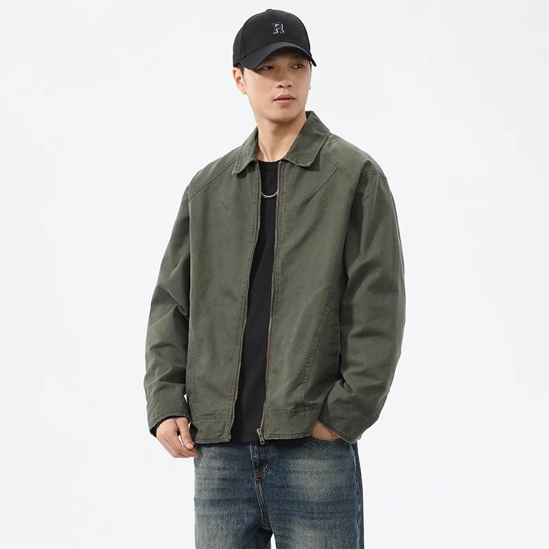 潮龛美式复古水洗底特工装牛仔外套男春秋宽松翻领休闲夹克潮牌