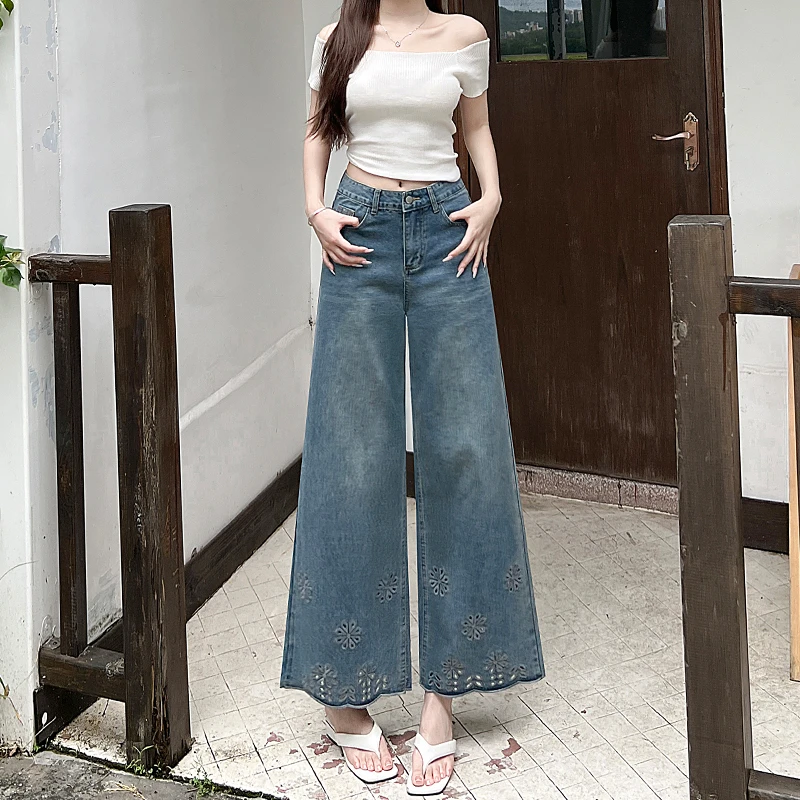 复古蓝九分阔腿牛仔裤女2025年新款秋季新款小个子宽松直筒刺绣裤