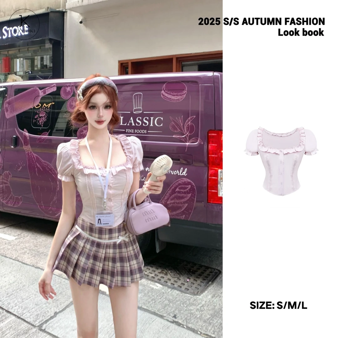 JOY KIKI鹅了么【法式甜心】法式少女蕾丝方领甜美短袖衬衫 J25B498