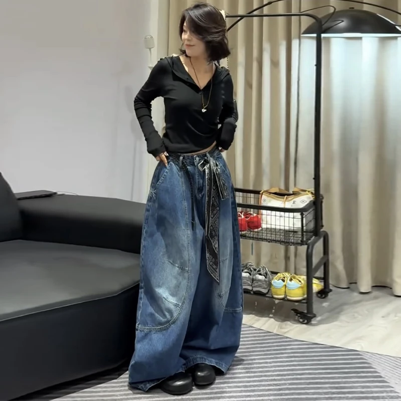 欧货复古弯刀阔腿牛仔裤女秋季松垮洋气高腰宽松百搭老爹拖地长裤