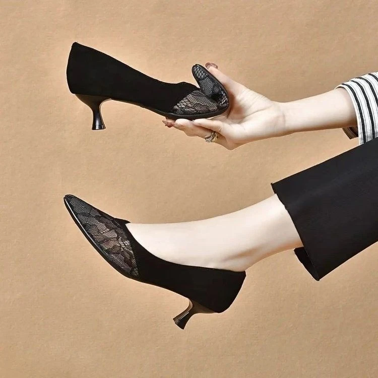 2025春秋新款蕾丝透气女鞋软皮尖头浅口单鞋女时尚细跟妈妈鞋百搭