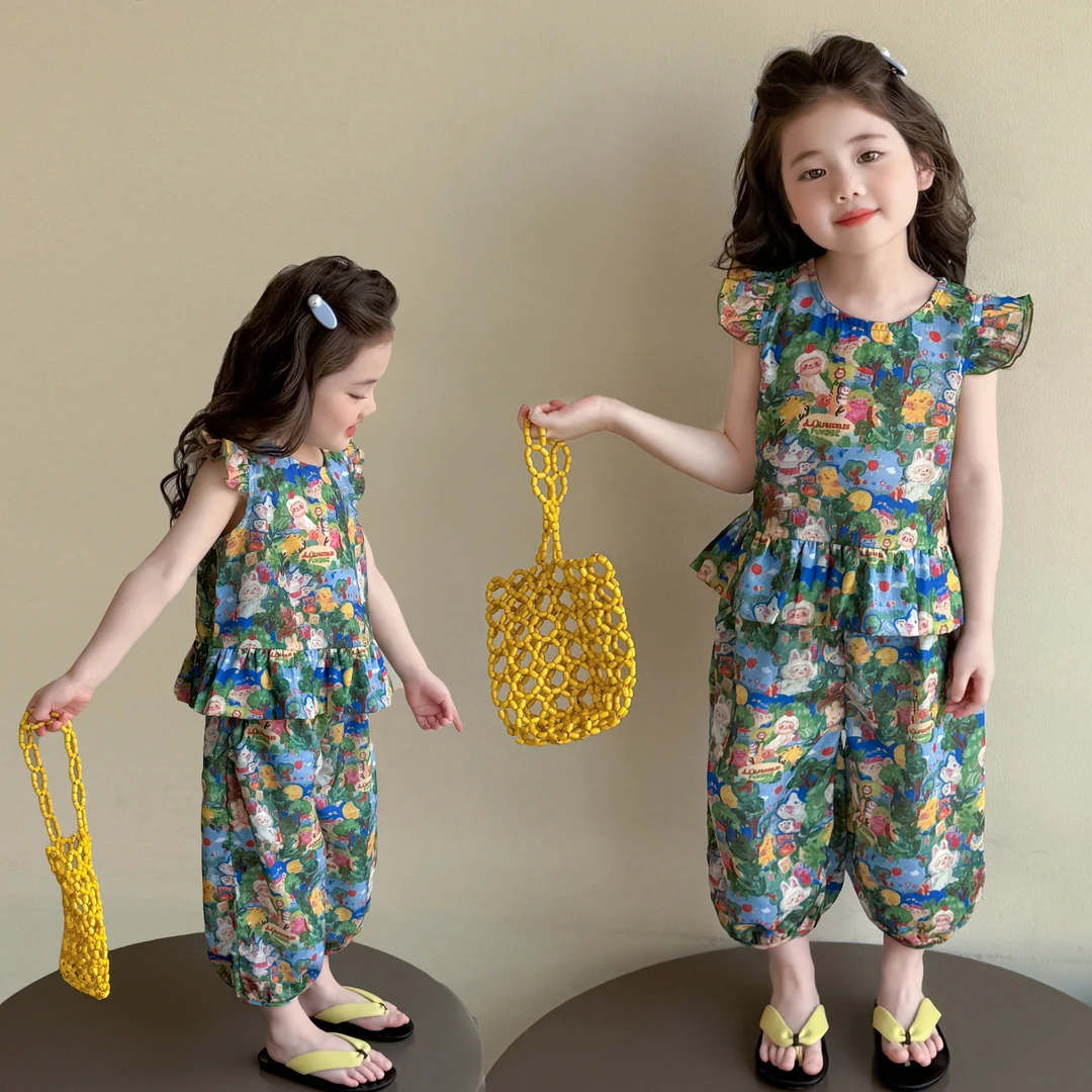 女童套装夏季洋气儿童飞袖灯笼裤子两件套小女孩宝宝夏装2025新款