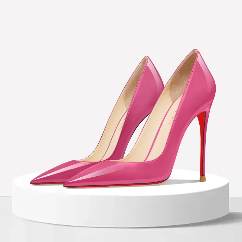玫红色红底漆皮高跟鞋2025年春季新款浅口尖头细跟职业通勤OL单鞋