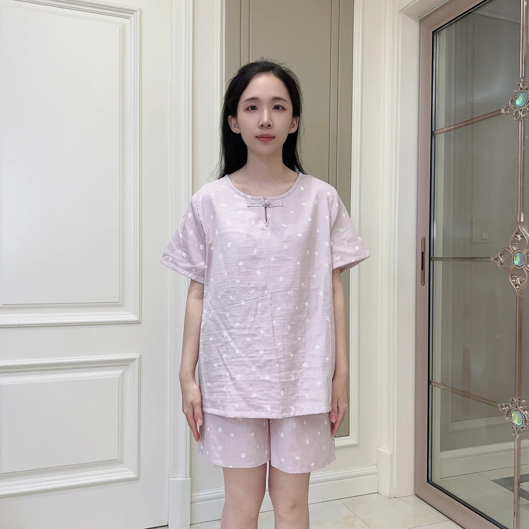 夏季棉纱女款套装圆领印花新中式简约宽松休闲短袖短裤居家服2509