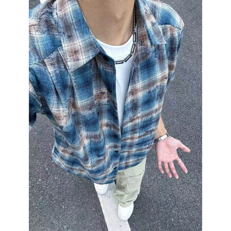 美式复古格子衬衫夏季潮牌高街cityboy痞帅短袖上衣休闲宽松外套