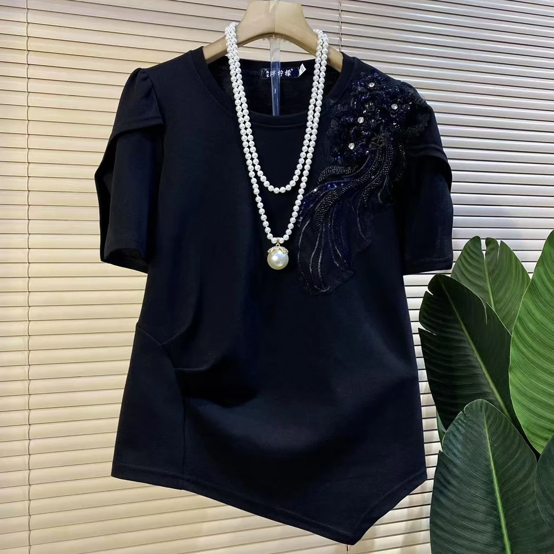 P欧货时尚新款重工刺绣亮片立体花朵设计短袖上衣