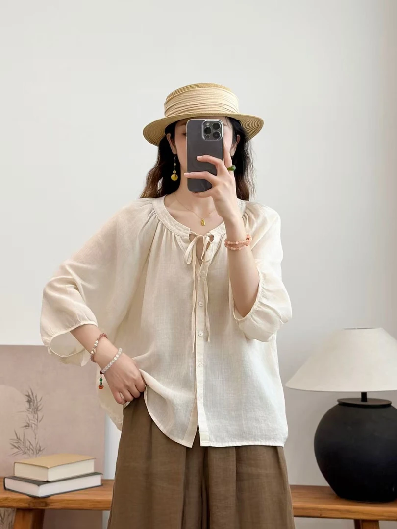 100%的苎麻夏季七分袖宽松百搭苎麻开衫文艺复古衬衫