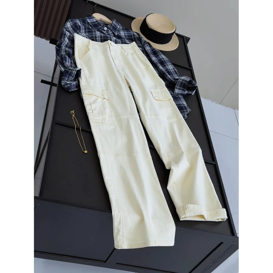 棉97% 美式复古高腰多口袋工装裤女辣妹街头春秋显瘦直筒长裤