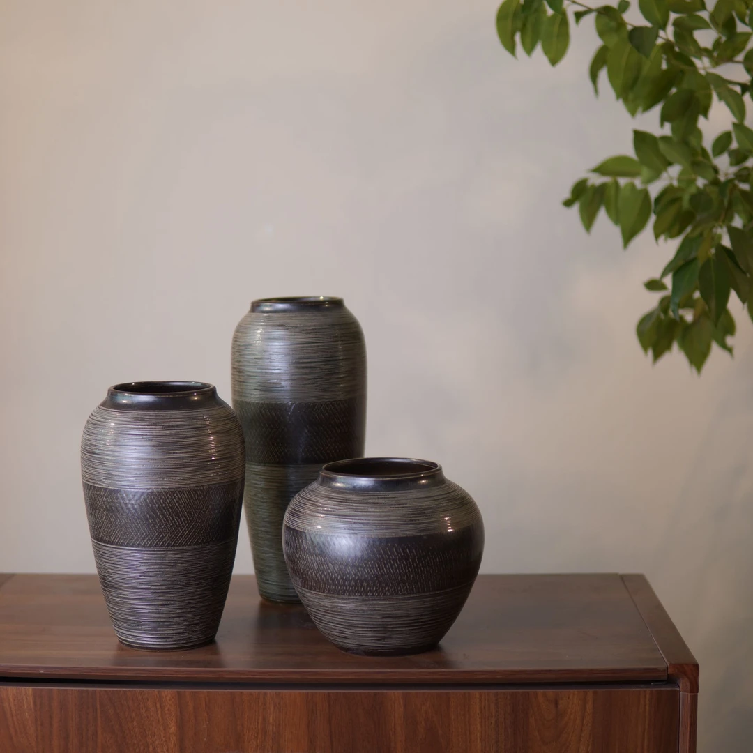 手工金属拉丝纹景德镇陶瓷花瓶中古风装饰摆件水培鲜花土培绿植