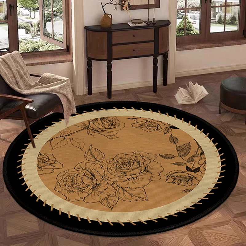 轻奢风亚麻材质圆毯轻奢沙发茶几床边毯高级卧室极简防滑