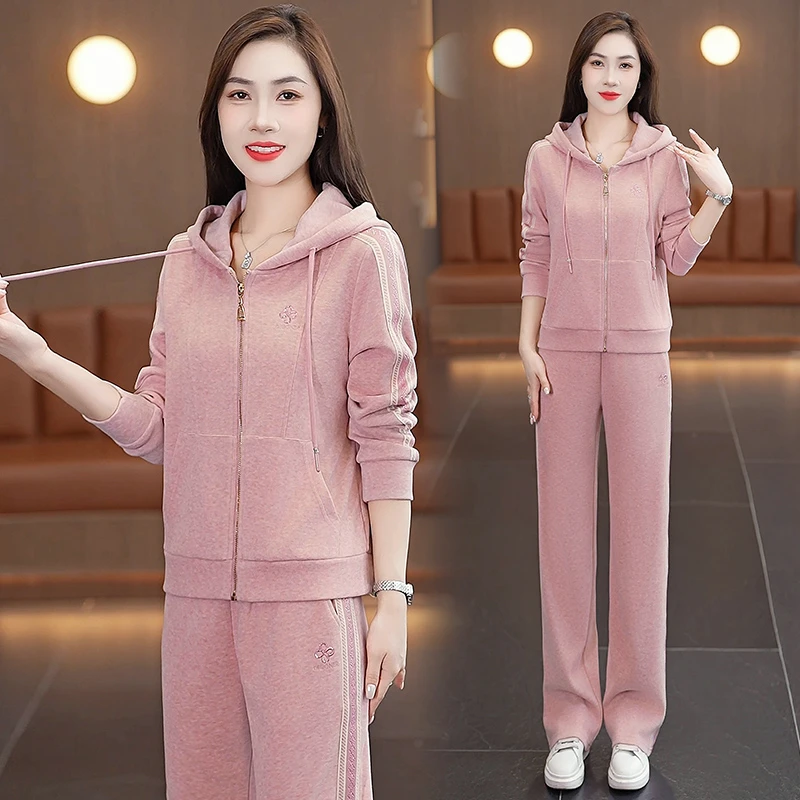 洋气连帽开衫女装卫衣两件套春秋款休闲宽松直筒裤显瘦百搭套装潮