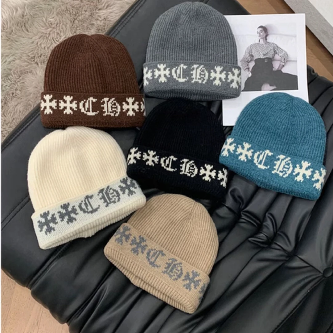 韩系简约字母毛线帽女秋冬保暖加厚冷帽情侣款针织帽冬天百搭