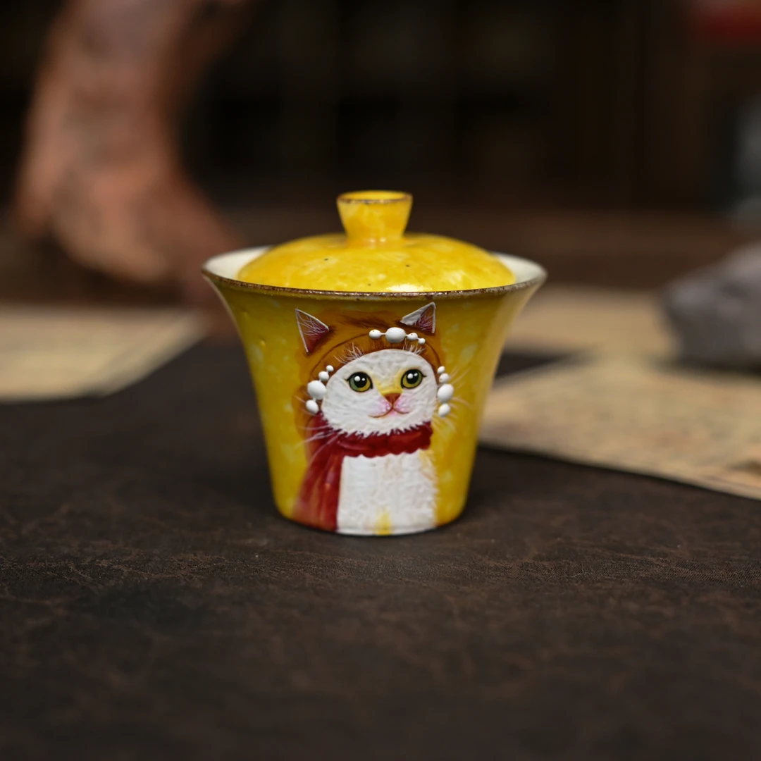 纳兰 油画风，梦娜丽莎.猫二才盖碗（蕉白S0820）