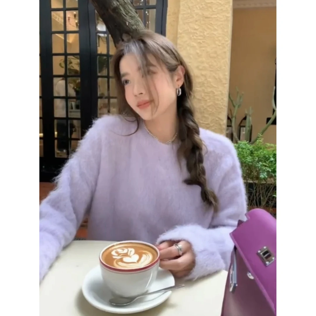 美貌色系！太好看了！香芋紫色秋冬毛衣女套头宽松短款针织保暖上衣