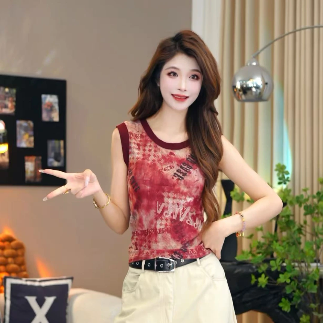 笑歌-圆领不规则扎染网纱无袖短款上衣T恤外穿-显瘦百搭时尚