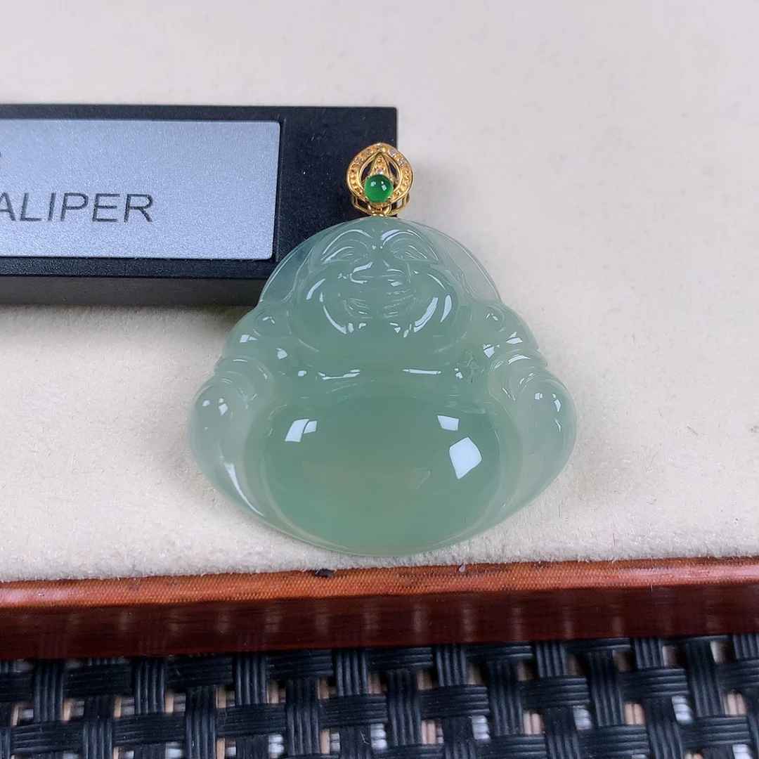 缅甸天然翡翠18k金镶嵌满色佛公吊坠401/尺寸：24.5×27.5×6.3mm