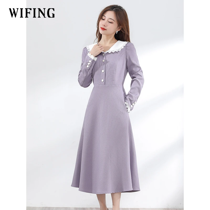 未风紫色小香风娃娃领连衣裙2025年秋季新款气质显瘦长款裙子