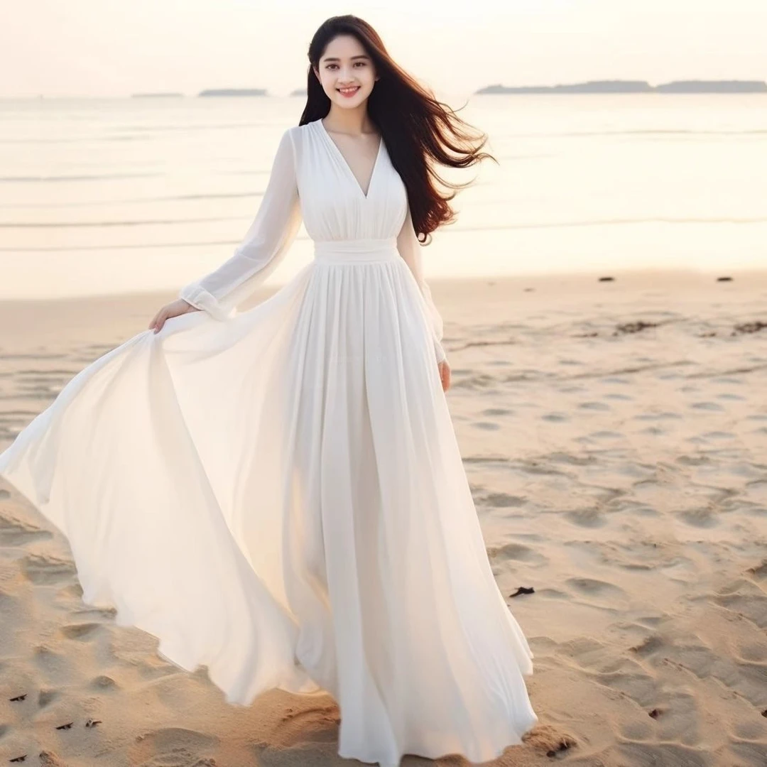 2025新款沙滩裙白色雪纺连衣裙春夏装三亚海边度假飘逸长款大摆裙