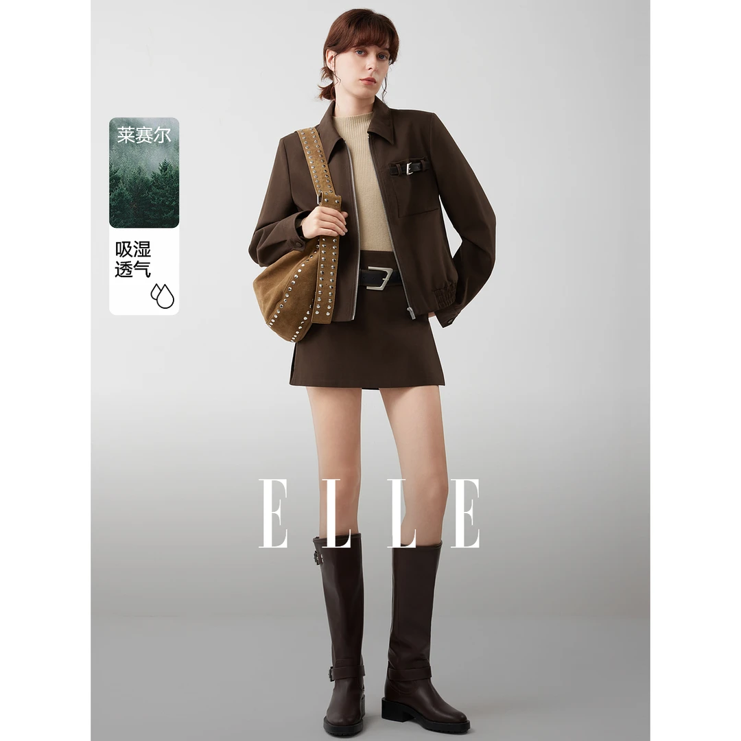 ELLE女装美拉德复古短外套2025冬新款通勤翻领时髦夹克EF52765
