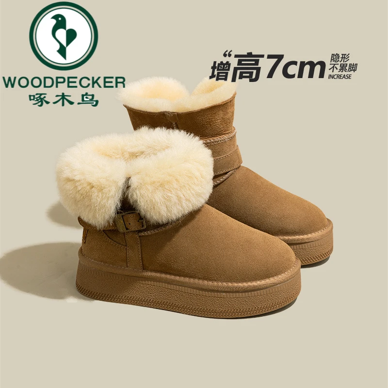 啄木鸟内增高雪地靴女2025新款冬季加绒保暖棉鞋百搭厚底防水棉鞋