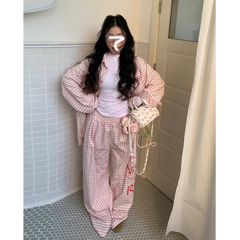 Two Million/爱心格子宽松开衫衬衫+松紧直筒休闲拖地长裤两件套