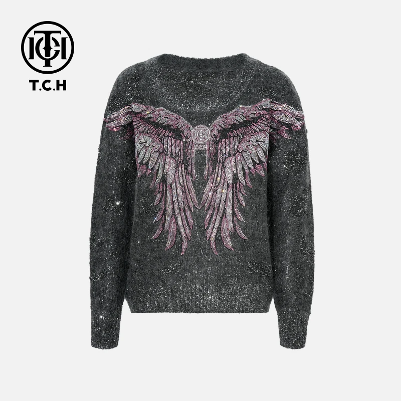 TCH（含绵羊毛）秋冬烫钻慵懒淑女灰色针织衫T75D09E1056轻奢tch