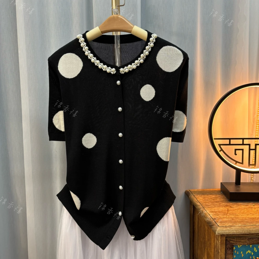 [V755-1赫本波点]重工金典气质百搭针织开衫女