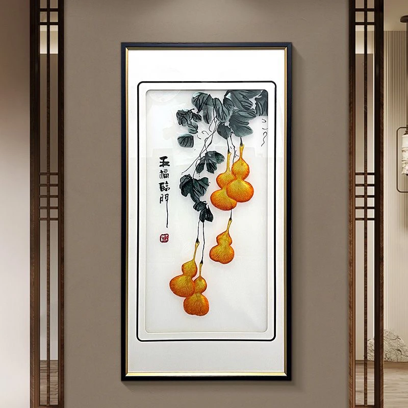 刺绣挂画入户玄关装饰五福临门头高档画葫芦玄关挂画客厅中国风