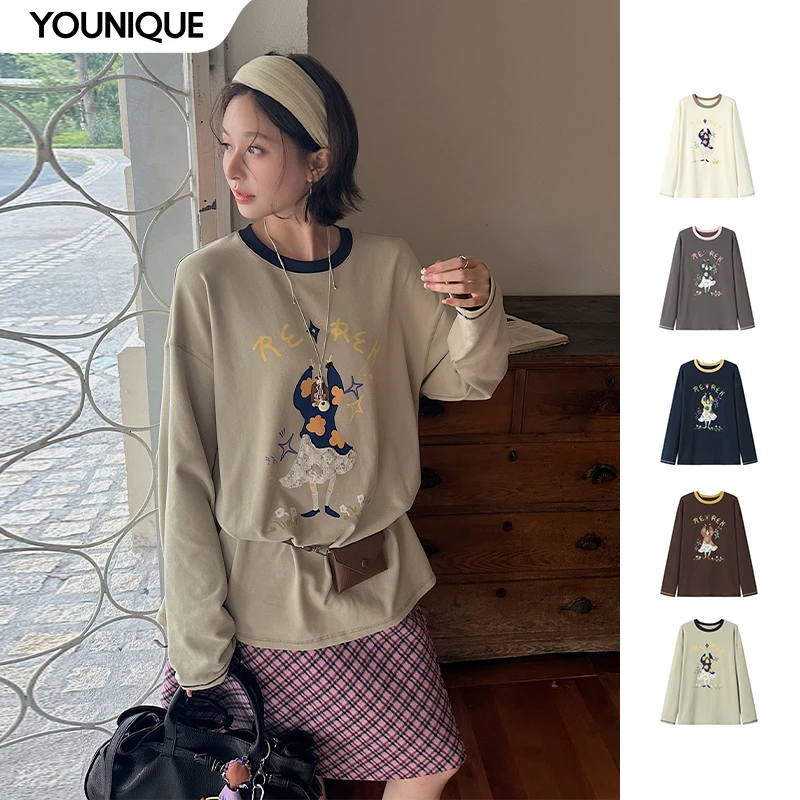 【REREK】新品25秋冬撞色圆领宽松印绣磨毛针织T恤女