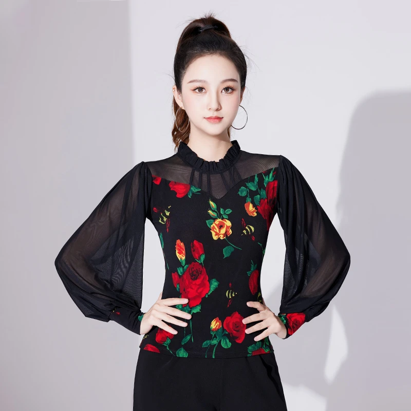 摩登舞练功服女成人华尔兹跳舞衣玫瑰花色舞蹈上衣灯笼袖拉丁舞服