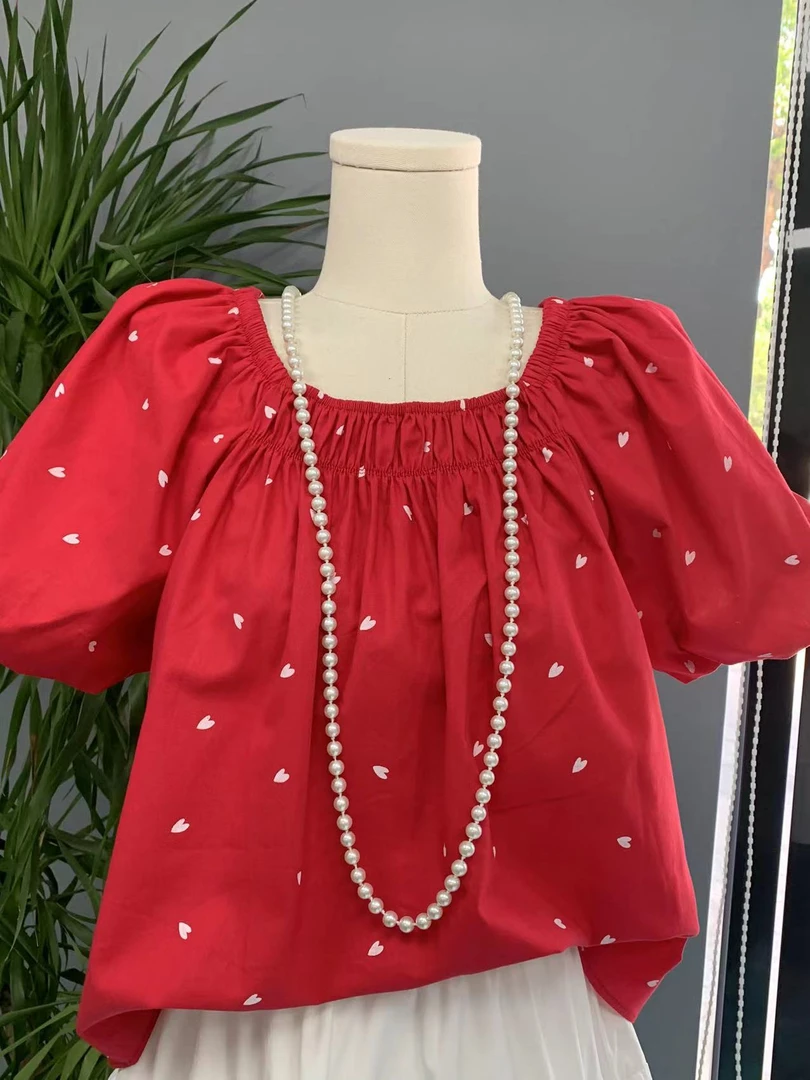 【单单】娃娃款小爱心泡泡袖可拉一字肩上衣