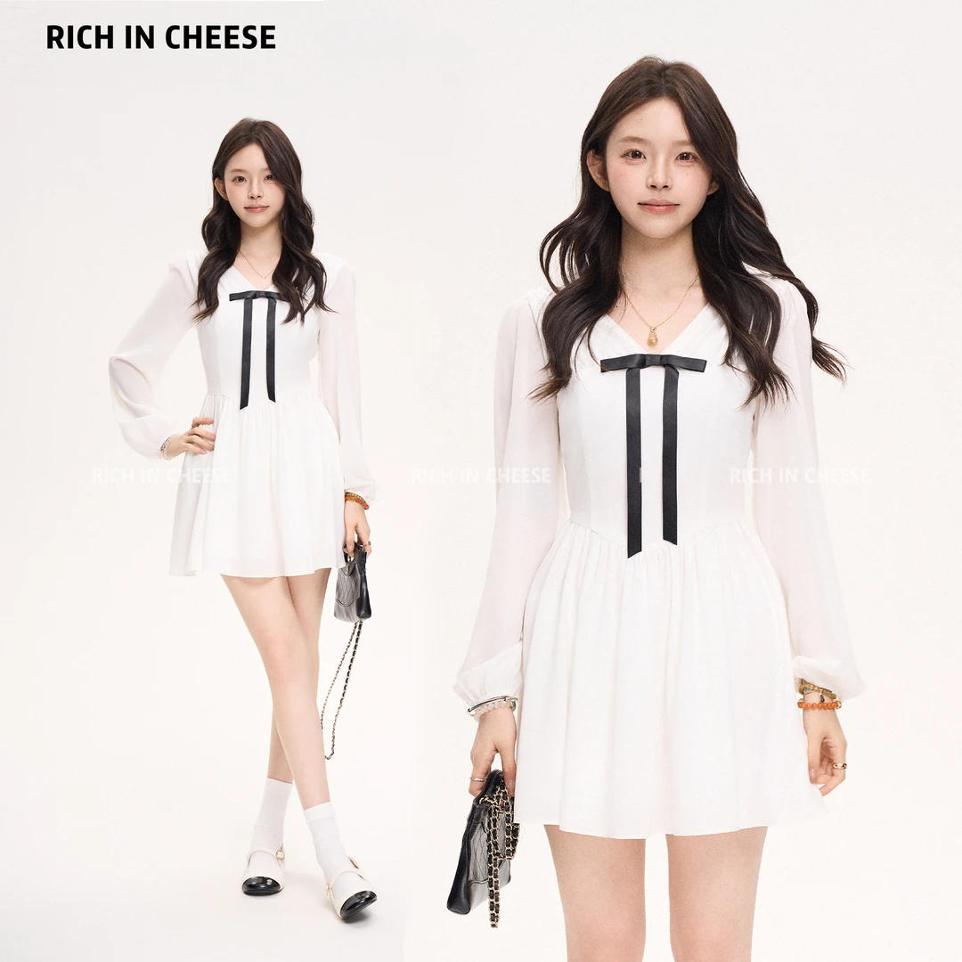 金川川 白茶月光【少量现货】法式温柔少女设计感蝴蝶结收腰仙女裙