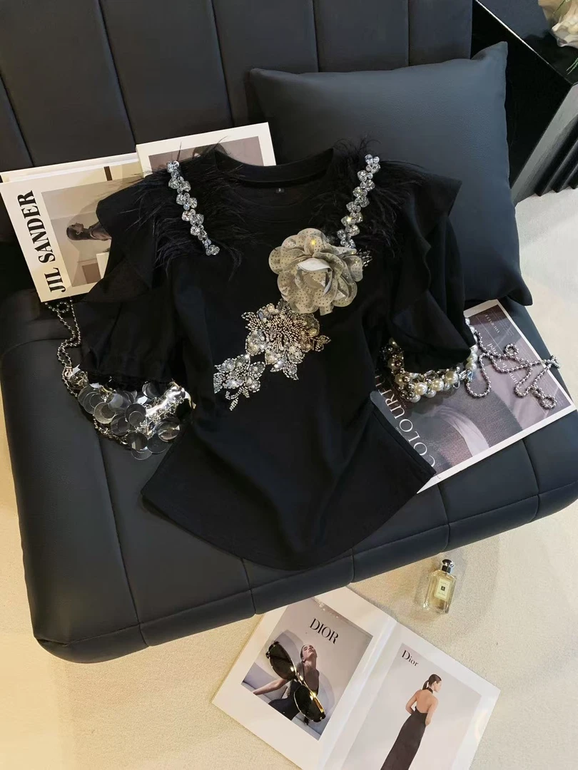 ZHOUYI/周一 夏季2025爆款T恤立体亮钻玫瑰短袖时尚显瘦上衣女