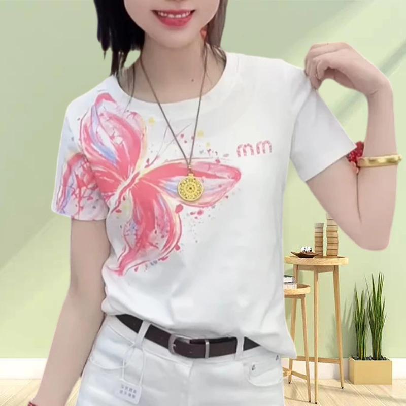 纯棉温婉风衣服蝴蝶印花短袖T2025夏季新款修身显瘦圆领小众女装