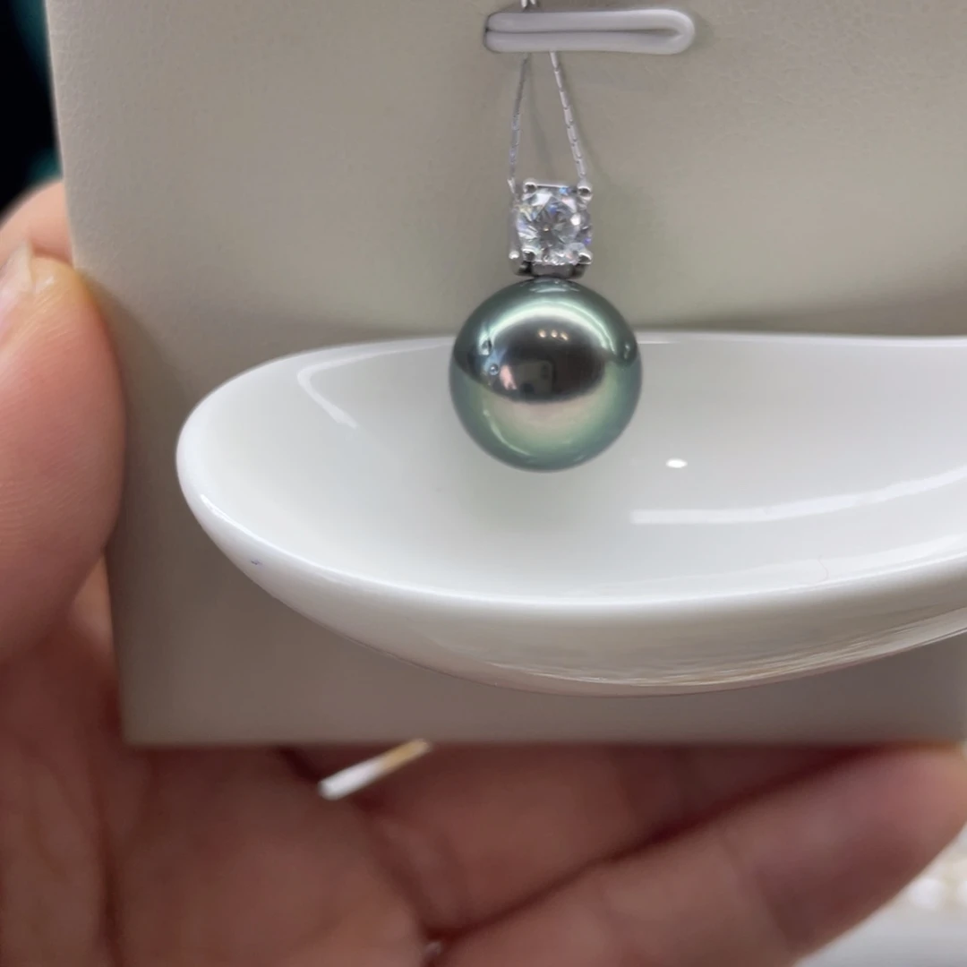 银S925镶嵌吊坠(不含链)海水珍珠孔雀绿12-13mm