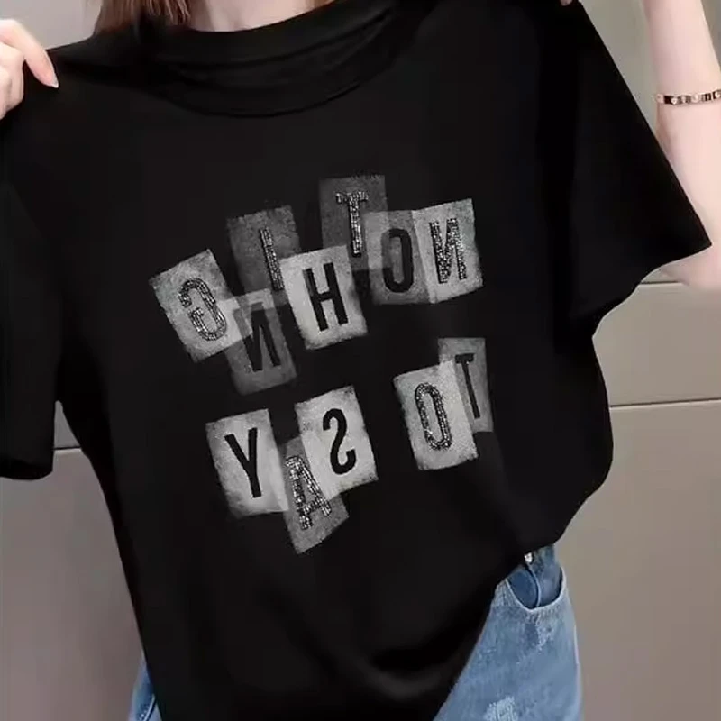 今年爆款女装夏季新款黑色百搭显瘦短款上衣时尚字母圆领短袖T恤
