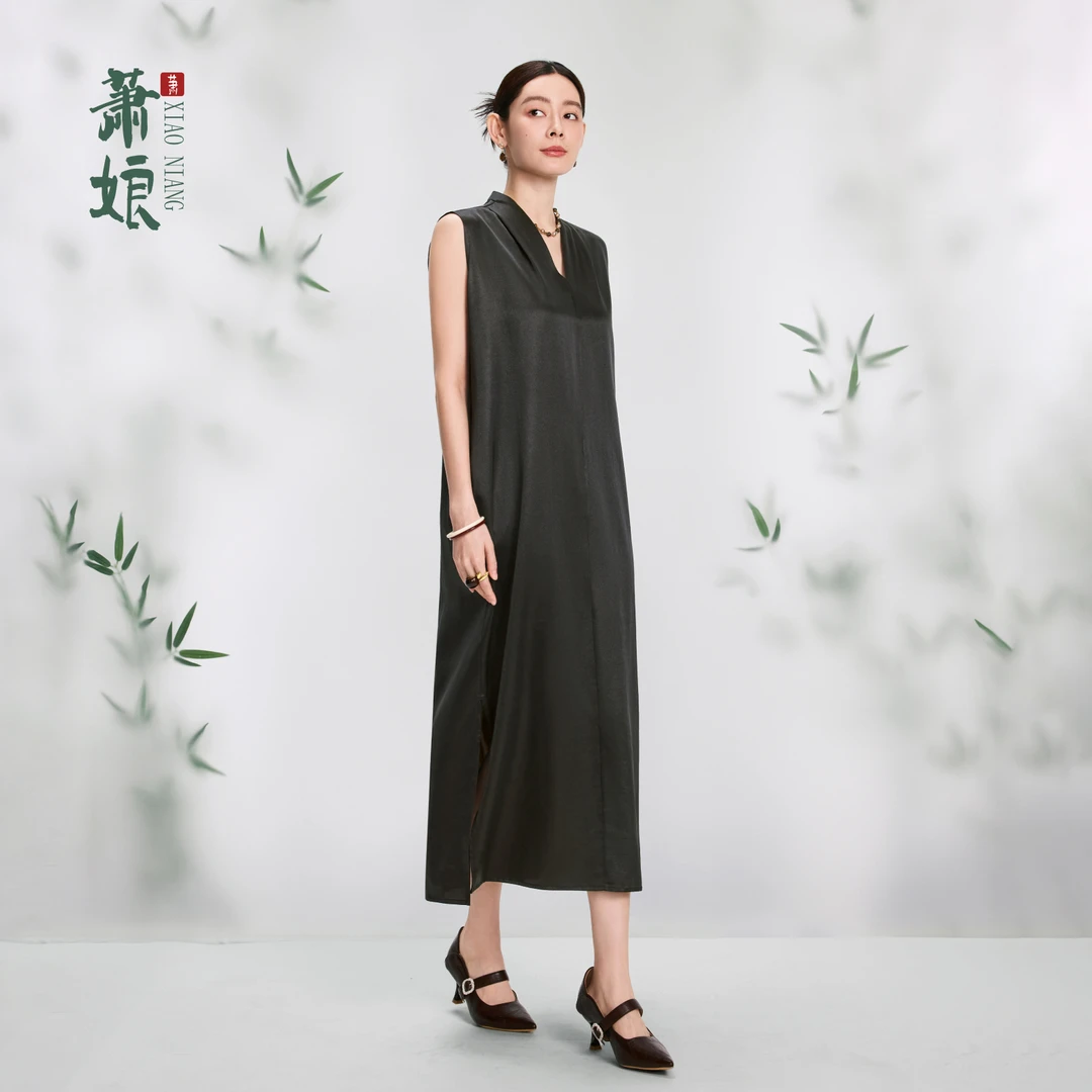 萧娘【兰亭序】小重缎香云纱新中式桑蚕丝女装连衣裙中国风1250