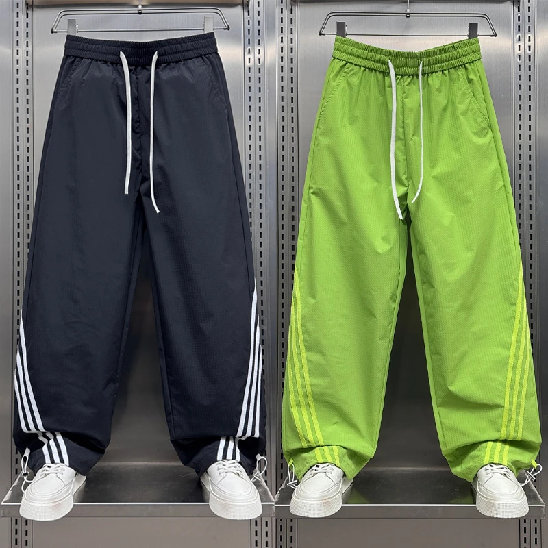 美式夏季条纹速干运动裤男薄款宽松收脚三条杠直筒休闲裤男女同款